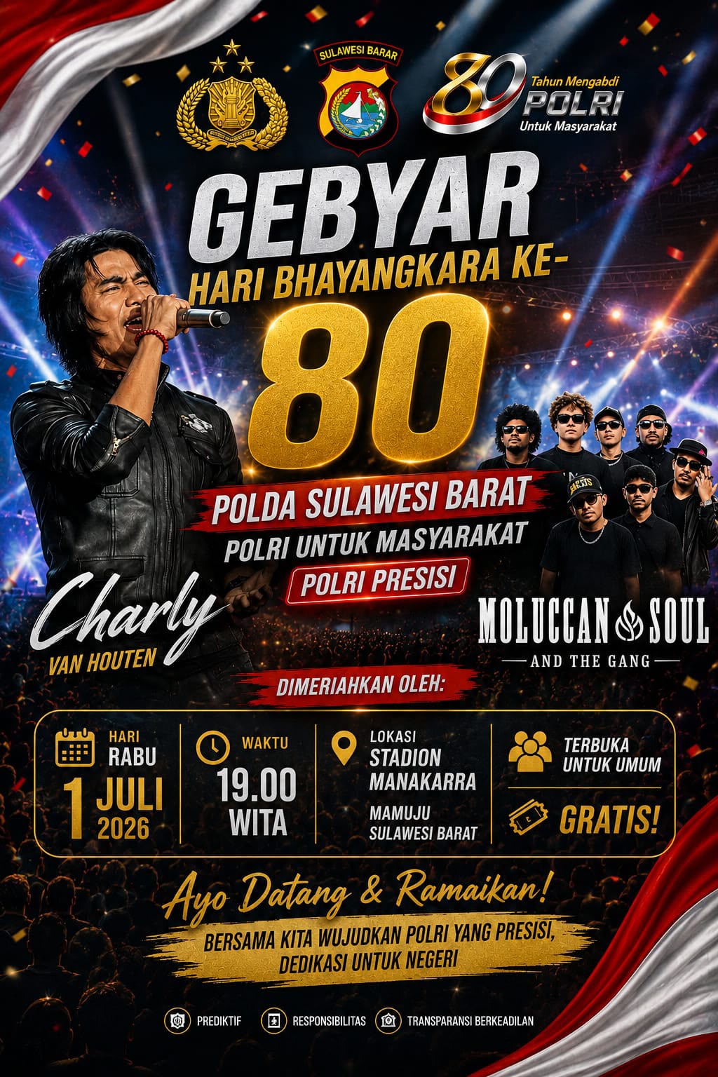Gebyar HUT Bhayangkara ke-80 Polda Sulbar:Akan dimeriahkan Oleh Penampilan Charly Van Houten 