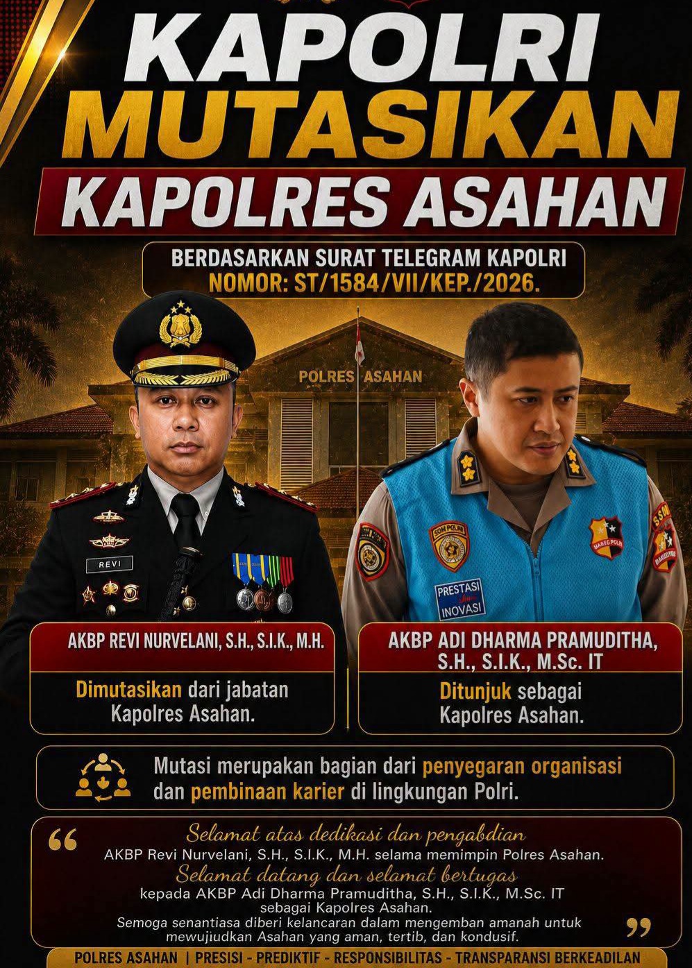 Kapolres Asahan Berganti, AKBP Adi Dharma Pramuditha Resmi Pimpin Polres Asahan.