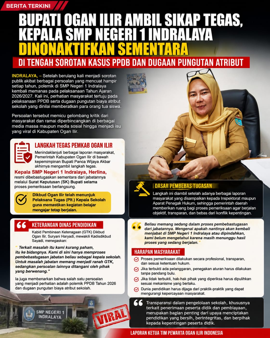 Bupati Ogan Ilir Ambil Sikap Tegas, Menonaktifkan Sementara Kepala SMP Negeri 1 Indralaya di Tengah Sorotan Kasus PPDB dan Dugaan Pungutan Atribut