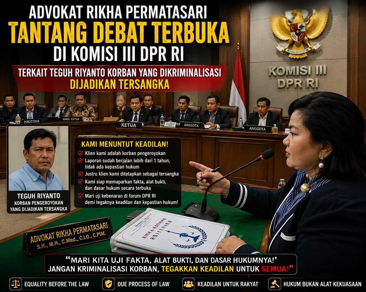 Advokat Rikha Permatasari Tantang Debat Terbuka di Komisi III DPR RI