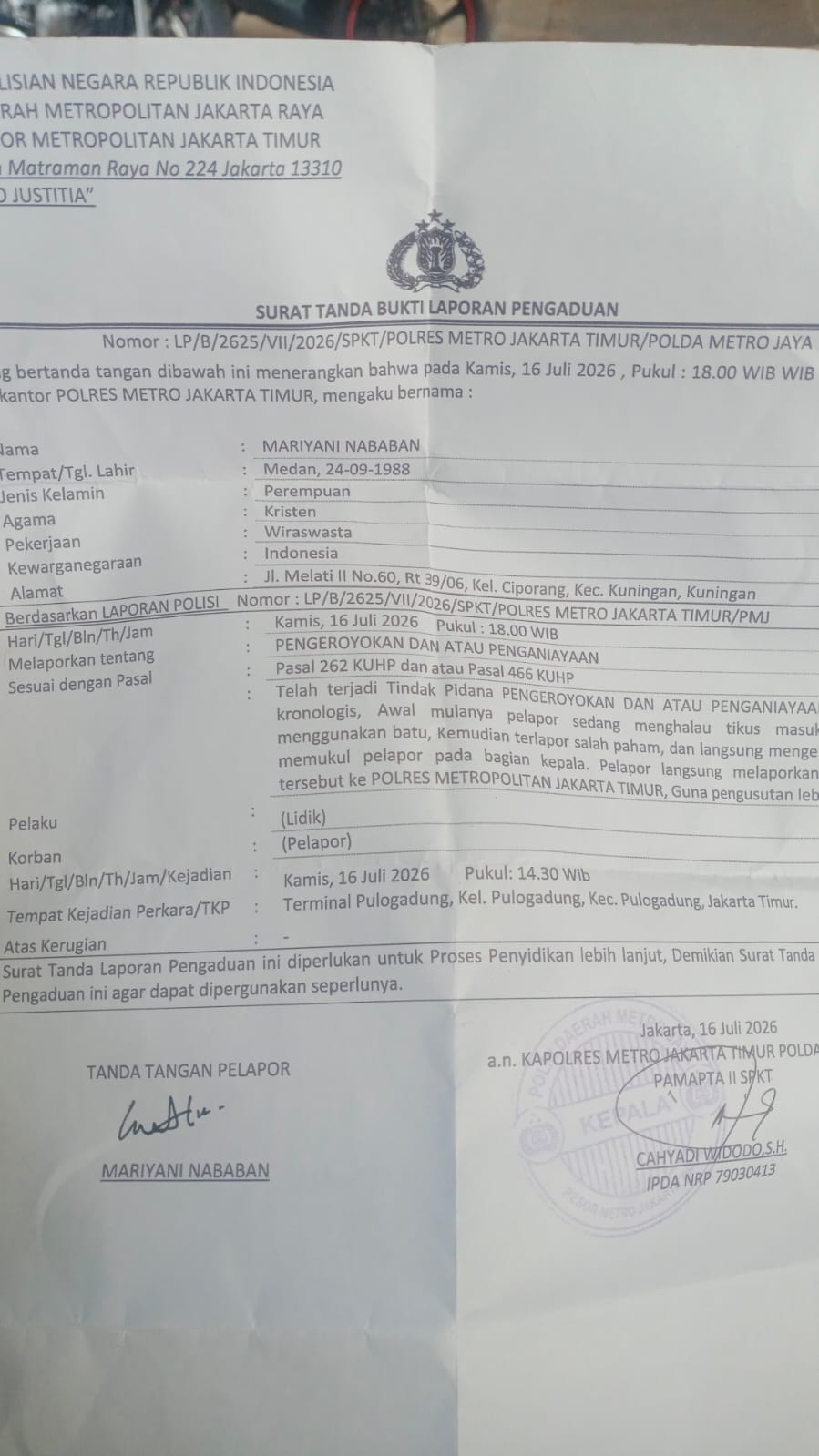 Dugaan Penipuan & Penggelapan Rugikan Ratusan Juta, Warga Kuningan Resmi Lapor ke Polres Metro Jakarta Timur