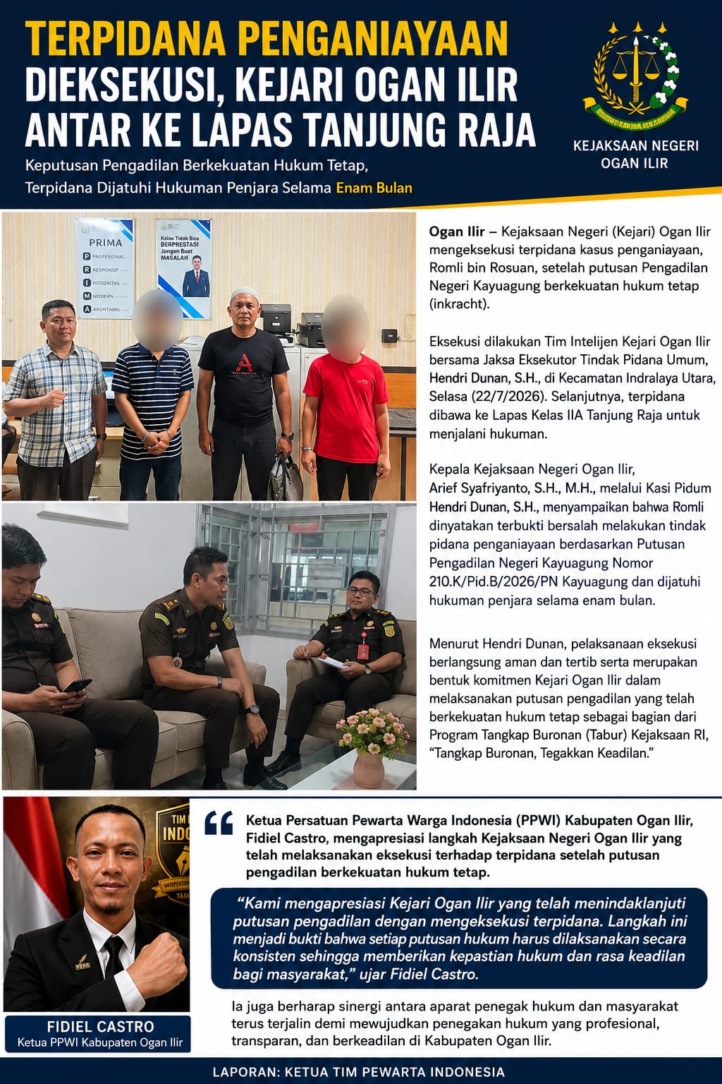 Terpidana Penganiayaan Dieksekusi, Kejari Ogan Ilir Antar ke Lapas Tanjung Raja