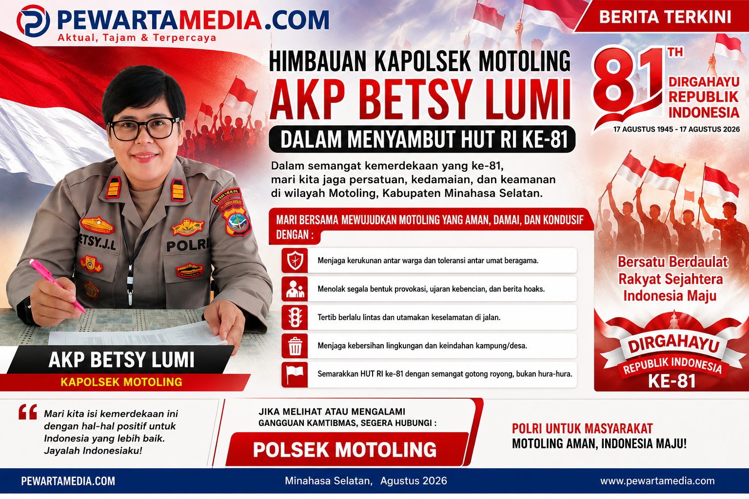 Sambut HUT RI ke-81, AKP Betsy Lumi Ingatkan Warga Motoling: Jangan Terprovokasi, Jaga Kamtibmas!