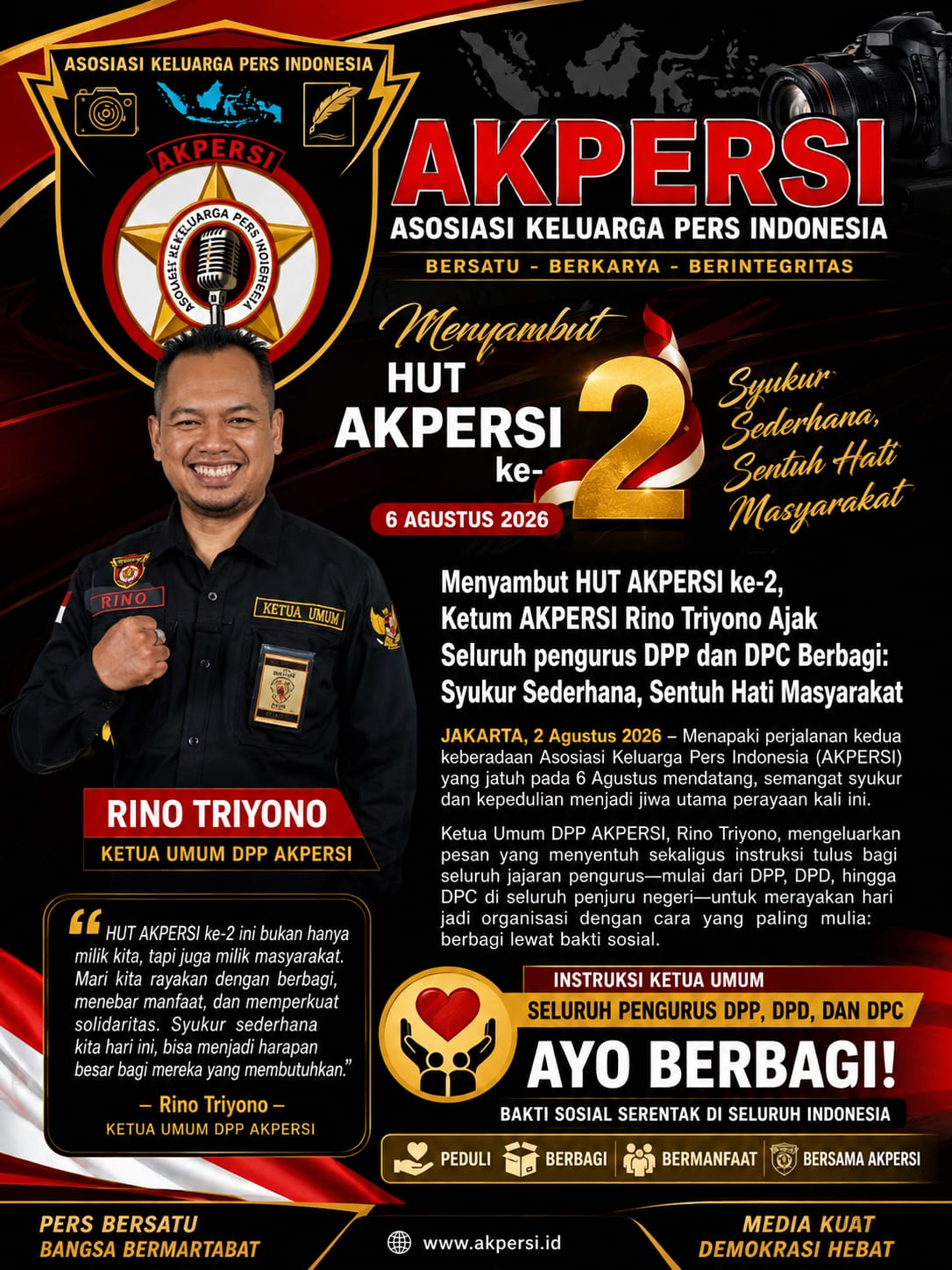 Menyambut HUT Ke -2 Akpersi,Menghimbau Seluruh (DPP),(DPD),(DPC)Untuk Melakukan Kepedulian Sosial