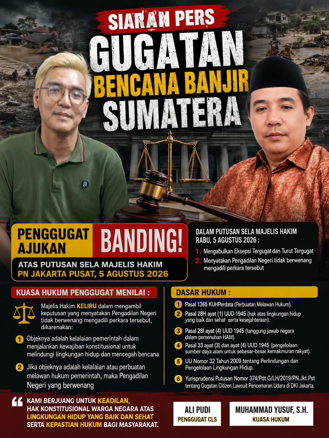 Penggugat Ajukan Banding Atas Putusan Sela Gugatan Citizen Lawsuit Bencana Banjir Sumatera