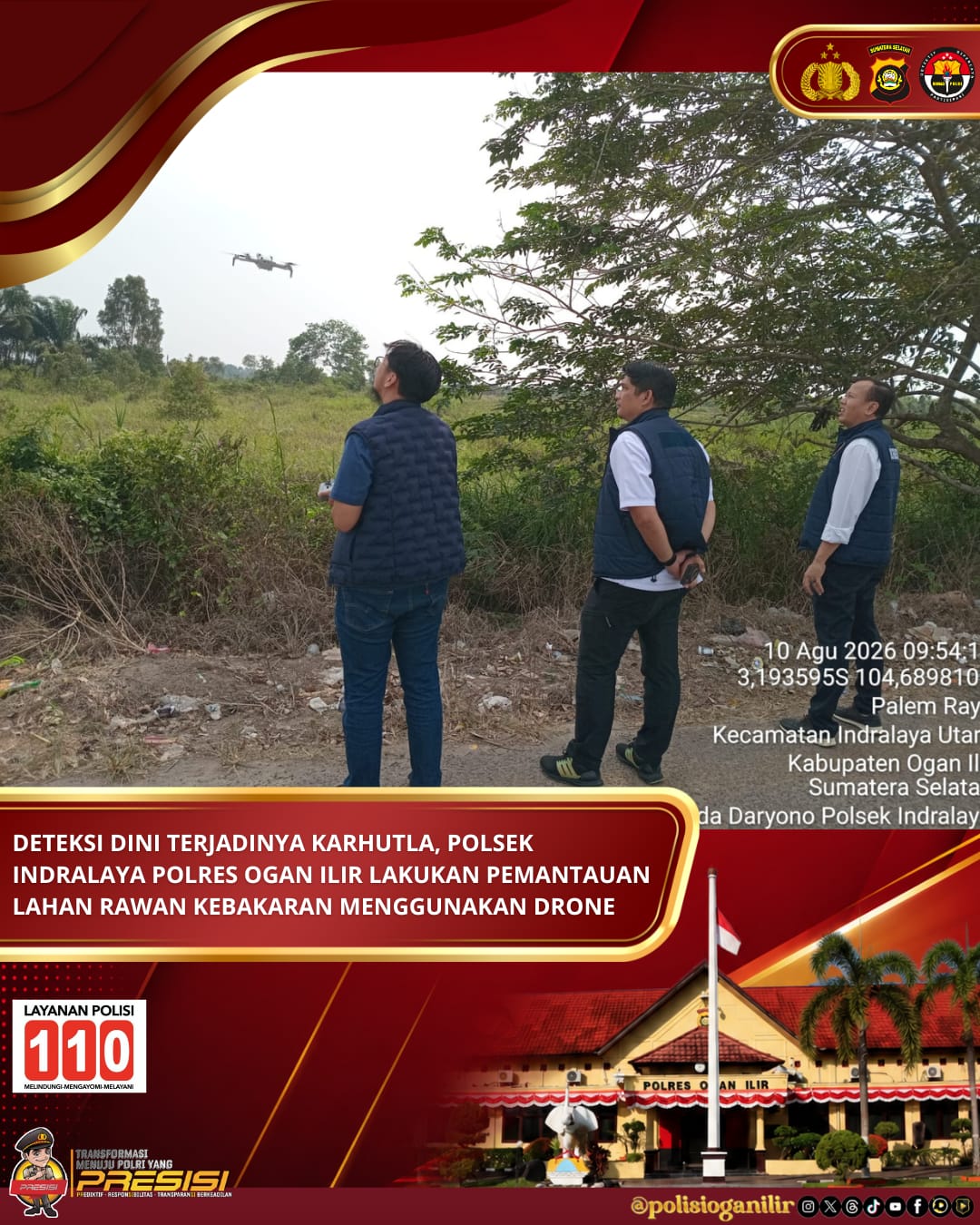 Antisipasi Karhutla di Ogan Ilir, Unit Intel Polsek Indralaya Gencarkan Patroli dan Pantauan Udara Melalui Drone
