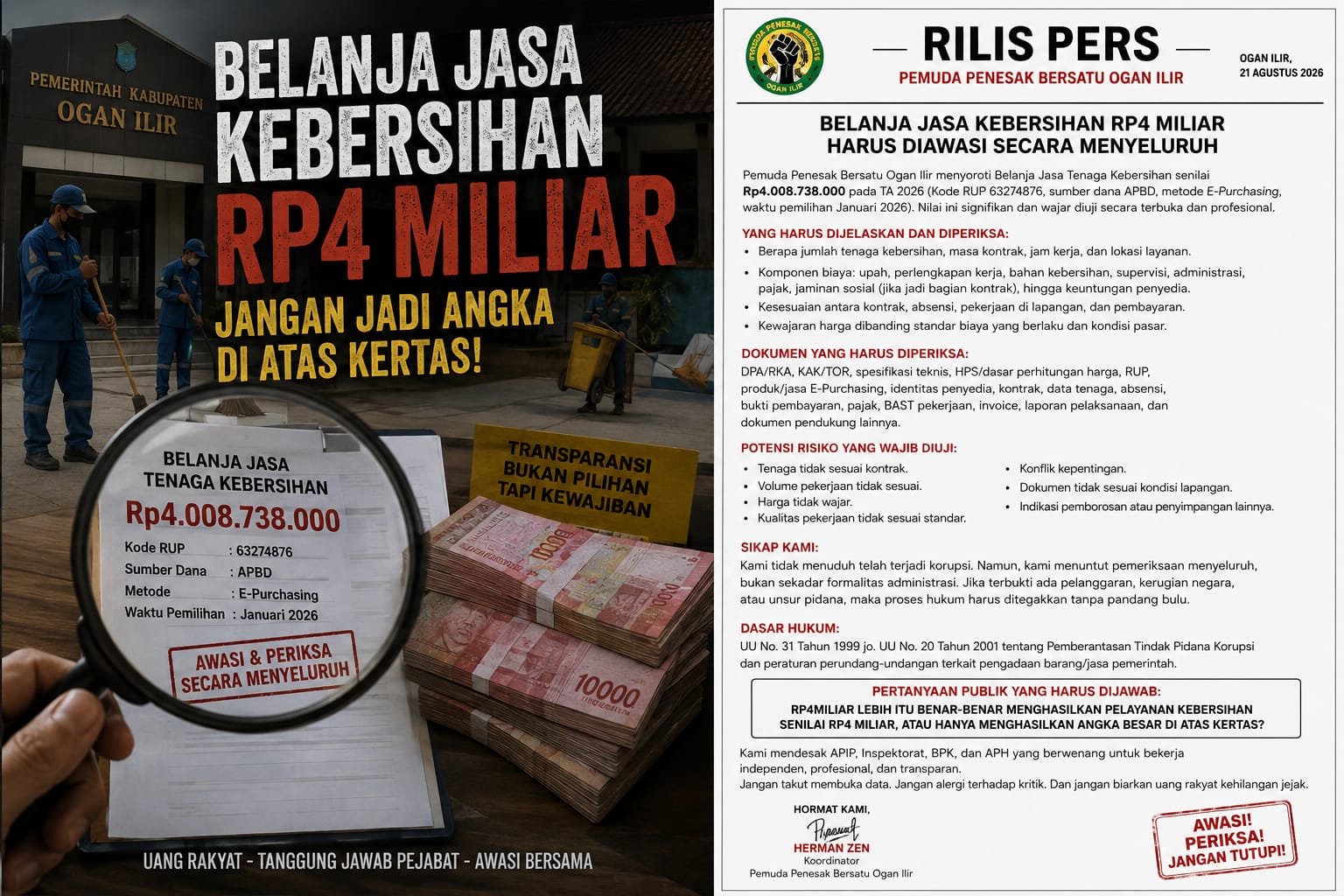 ​Anggaran Jasa Kebersihan Rp4 Miliar Tuai Sorotan, Elemen Pemuda Dorong Transparansi Pemkab Ogan Ilir
