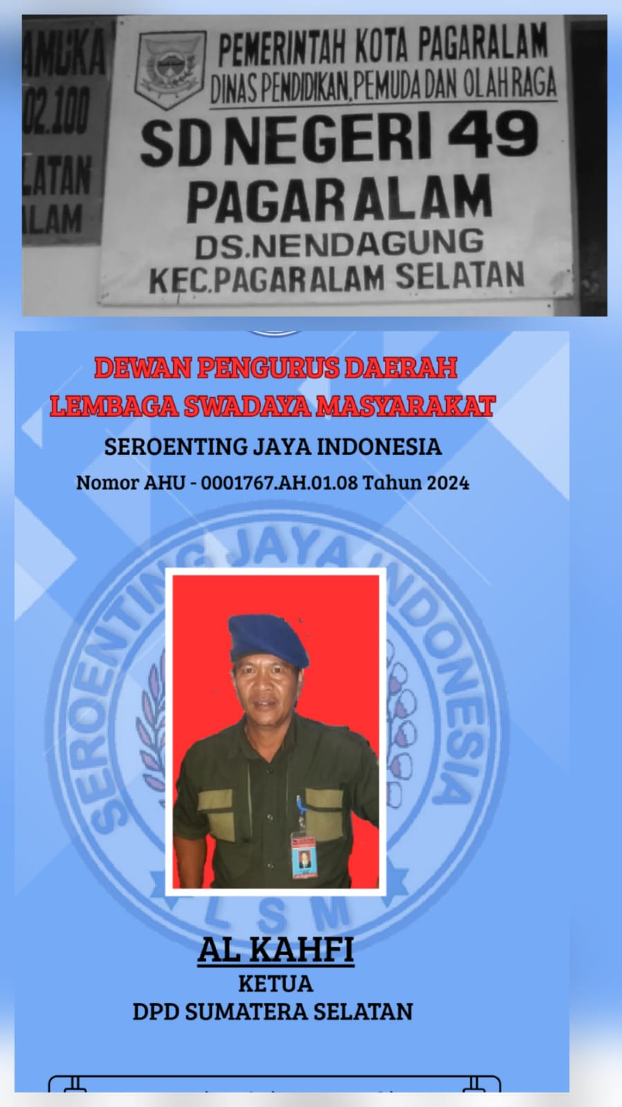 Ketua DPD Sumsel Lembaga Seroja Indonesia Angkat Bicara Pemberitaan Salah Satu Media Online Di Facebook Tiba-Tiba Klarifikasi Soal SD N 49 Pagaralam