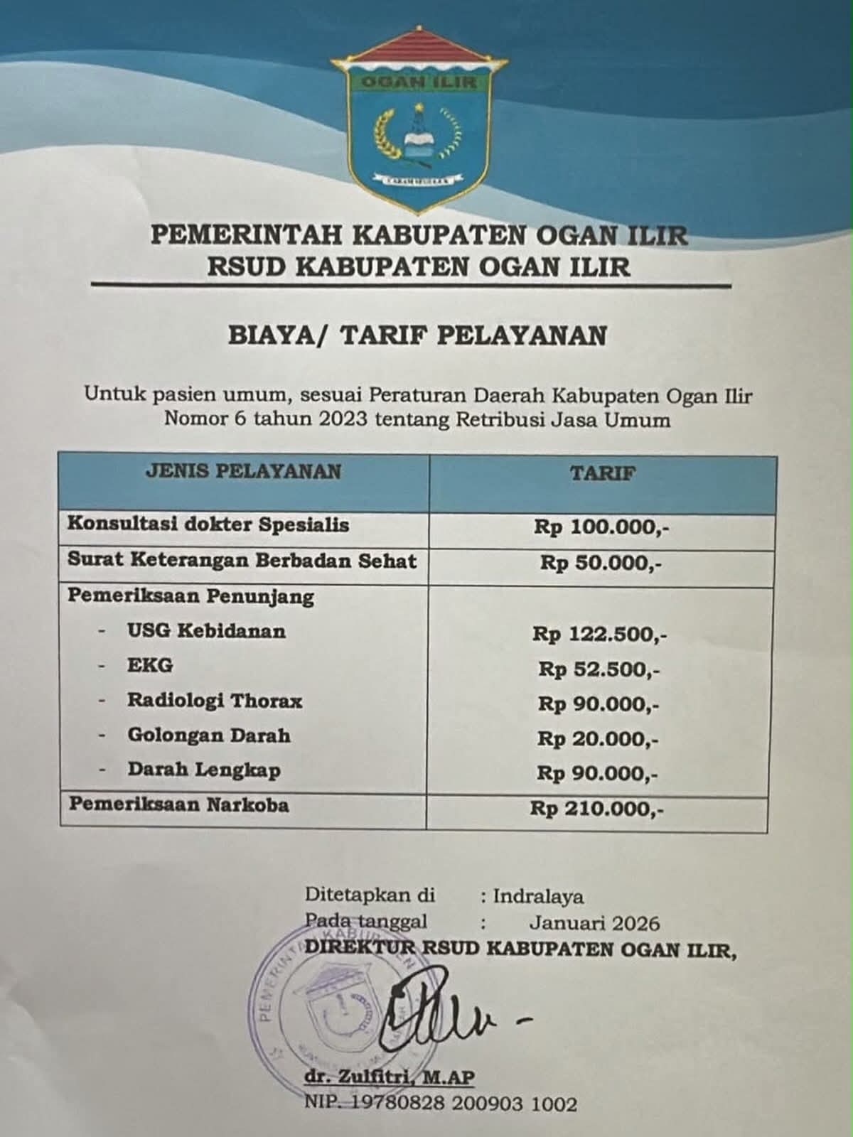 RSUD Ogan Ilir Resmi Rilis Rincian Tarif Pelayanan Pasien Umum Berdasar Perda No. 6 Tahun 2023