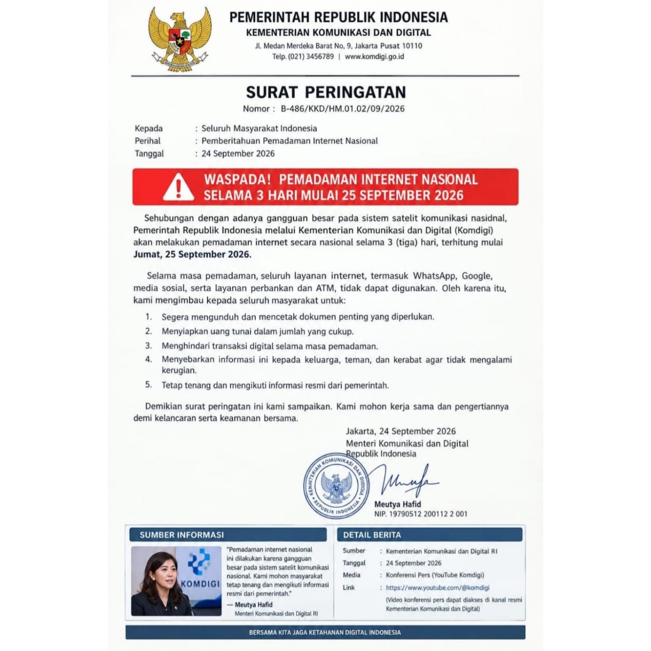 HOAX: Surat Pemadaman Internet Nasional 3 Hari, Komdigi Pastikan Layanan Normal