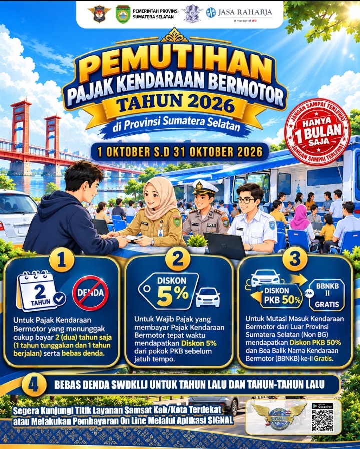 Pemprov Sumsel Gelar Pemutihan Pajak Kendaraan Sepanjang Oktober 2026, Ini Deretan Insentifnya